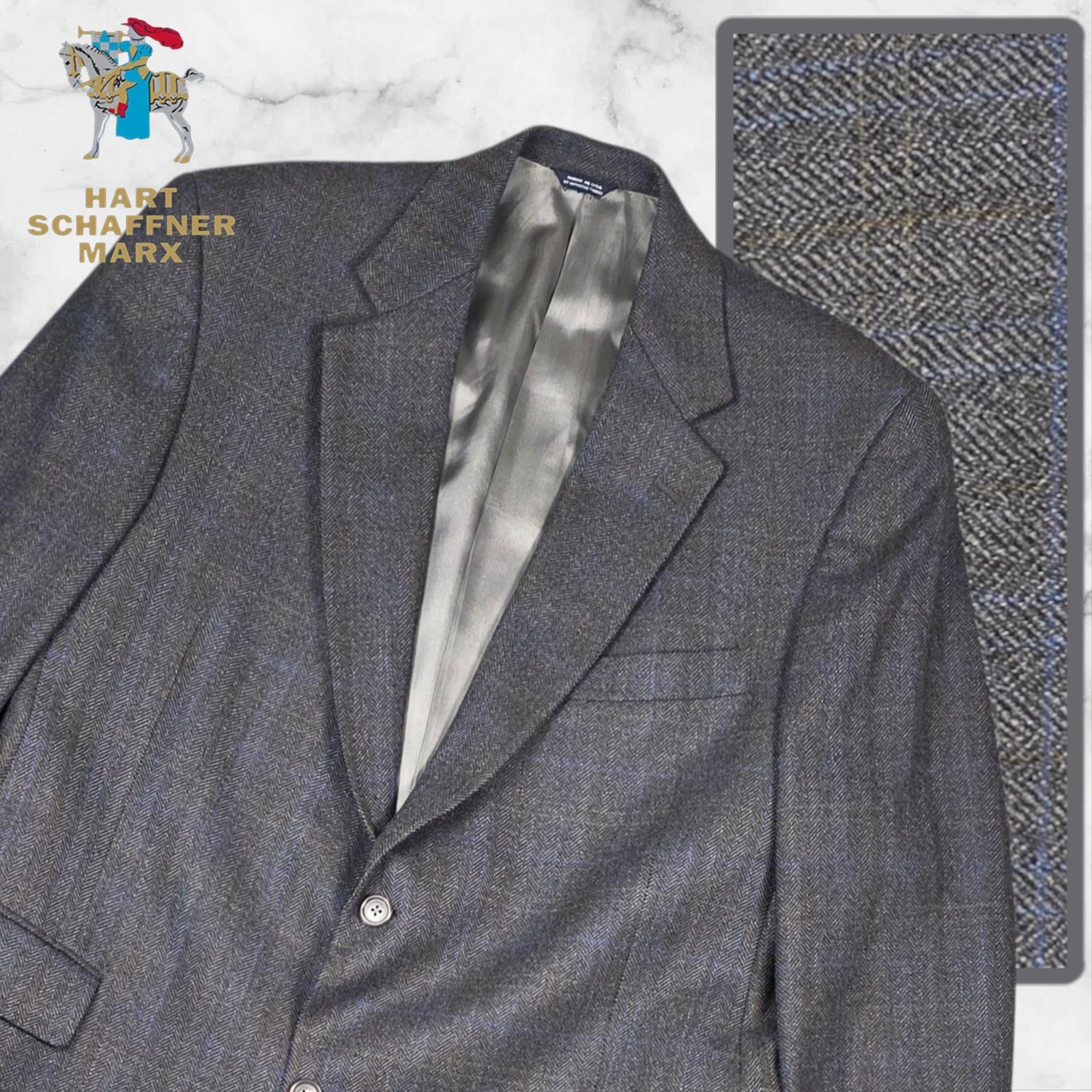 Hart Schaffner Marx Wool Blazer Men 42pt Gray Herringbone Tweed Windowpane Usa
